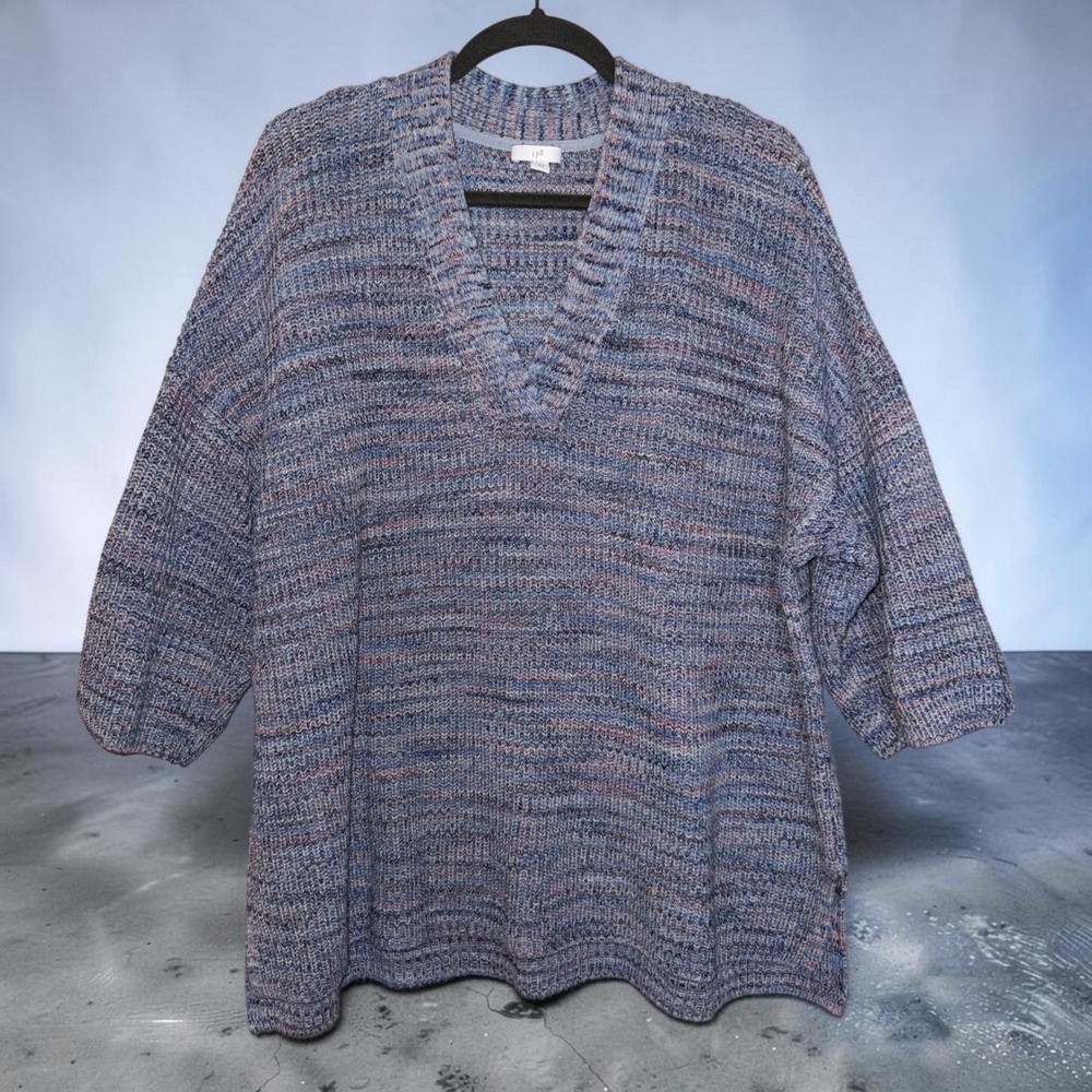 J. Jill Blue Purple Space Dye V-Neck Cotton Knit Sweater XL Tall Oversized